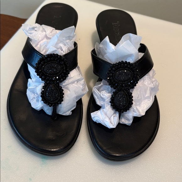 Tuscanella Italian leather sandals/ beaded sparkly decor flip-flop wedge style - Picture 1 of 13